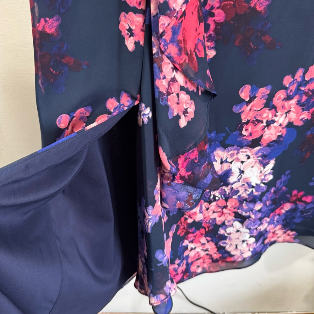 Eliza J Ruffled Long Sleeve Dress Slit Leg Size 14 Cocktail Floral Mother Bride - Picture 8 of 11